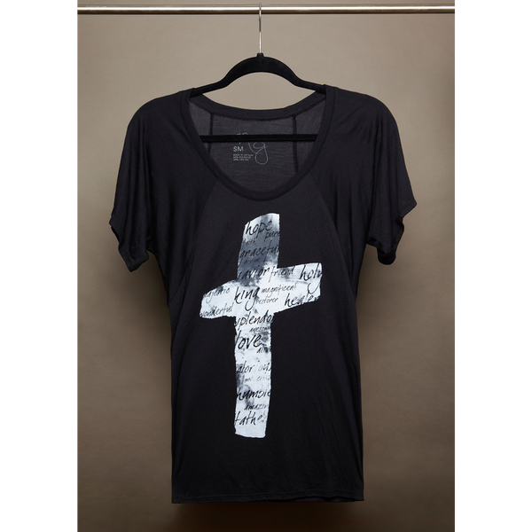 Cross script black tee Natalie Grant 